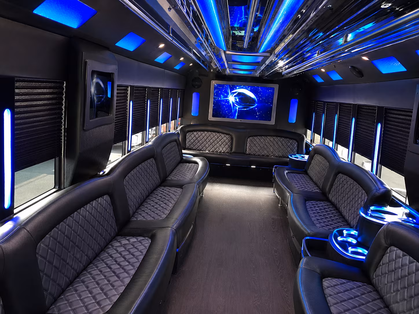 Interior of a party bus rental serving Queens